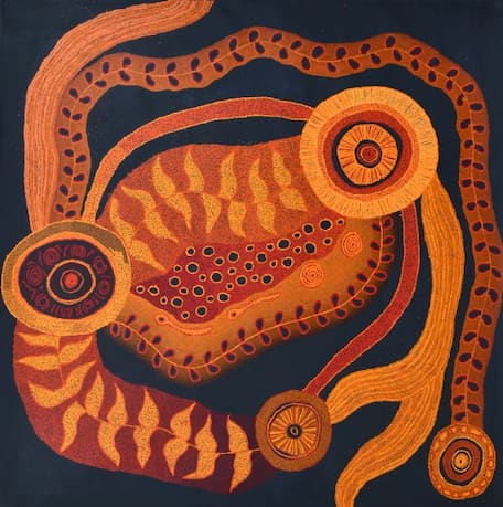 Indigenous artwork with plant and circle motifs