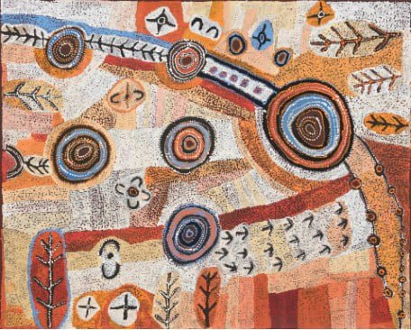 Indigenous artwork with circle and feather motifs